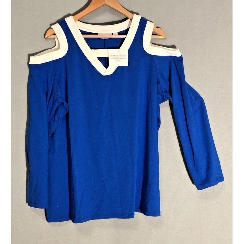 Belle by Kim Gravel Blue Cold Shoulder Top Blouse Sz 1X Modal
